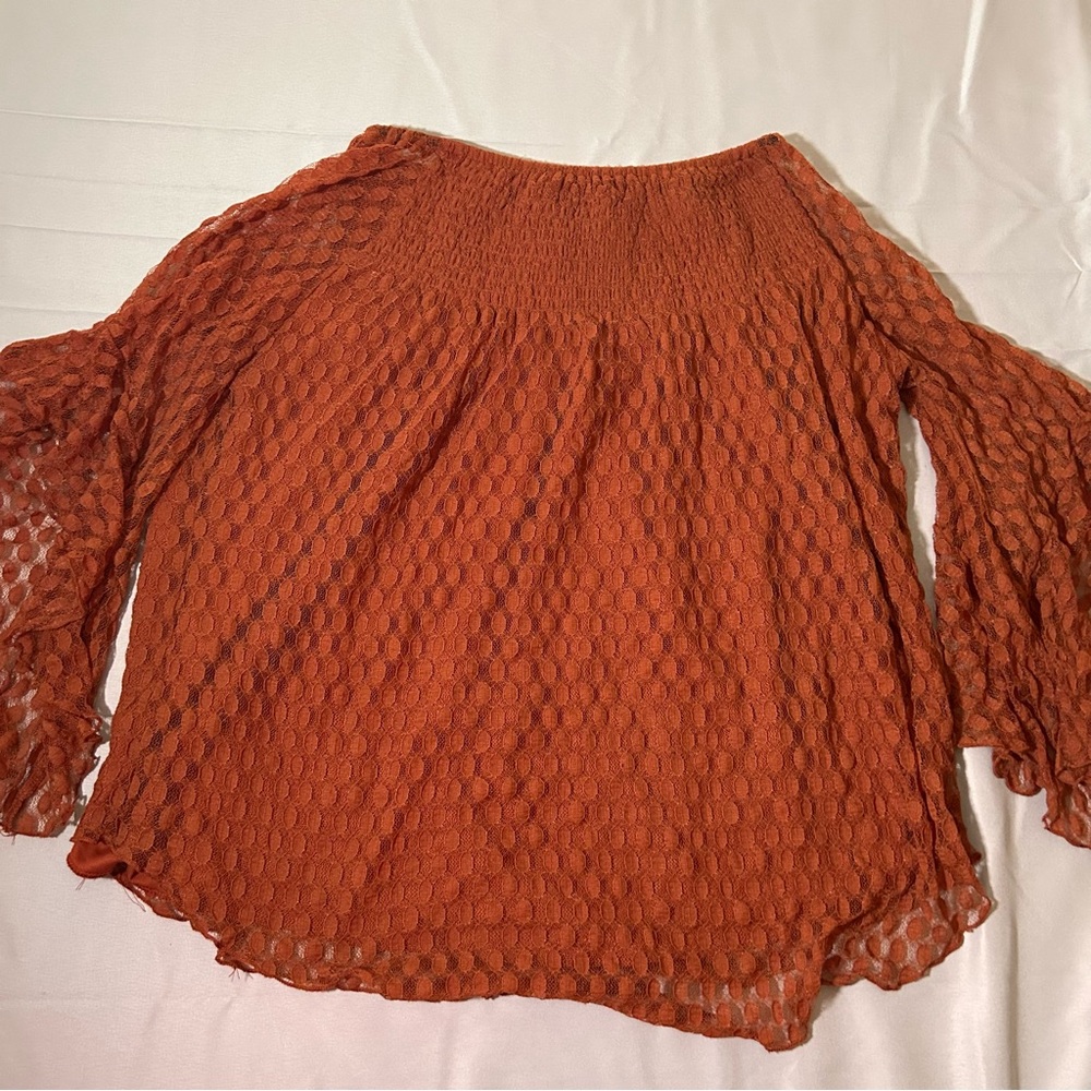 NY Collection Lace Blouse Womens Small Long Sleeve Smocked Rust Boho Top